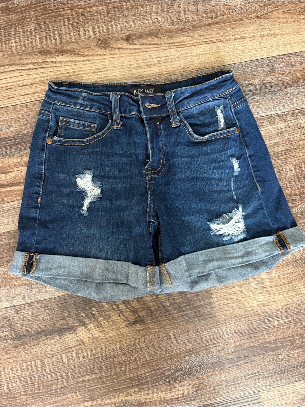 Judy Blue Dark Wash Distressed Cuffed Denim Shorts